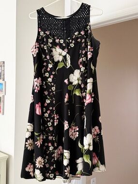 Gabby Skye Black Floral Crochet Yoke Mini Dress with Pink & White Blooms